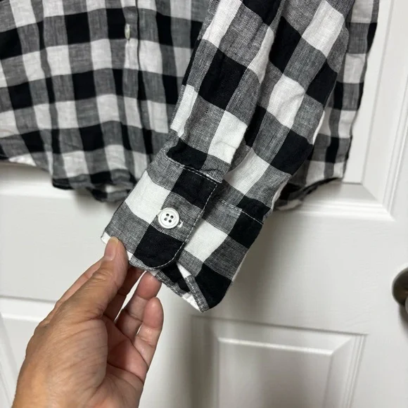 Karen Kane Black and White Check Cuffed Sleeve Button Down Shirt Size M Linen - Picture 5 of 13